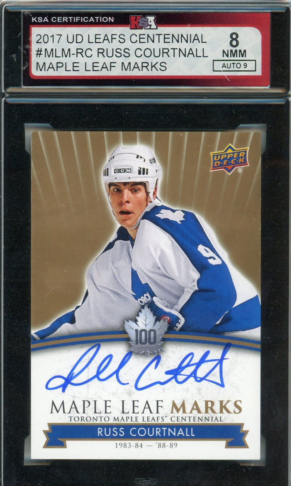 2017 Upper Deck Leaf Centennial Russ Courtnall Maple Leaf Marks Graded Autograph Card KSA 8