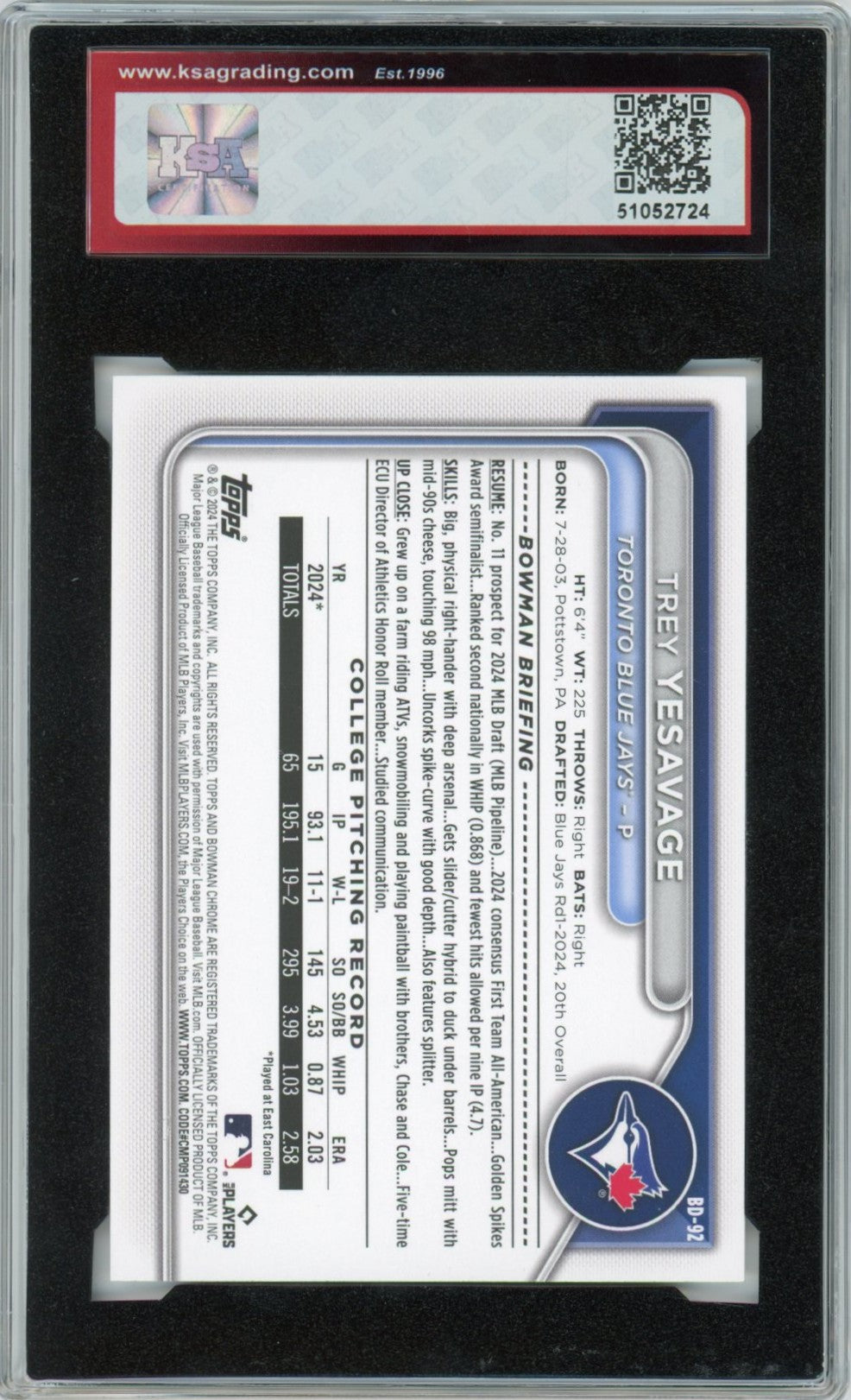 2024 1st Bowman Draft Trey Yesavage Graded Rookie Card #BD-92 KSA 9.5