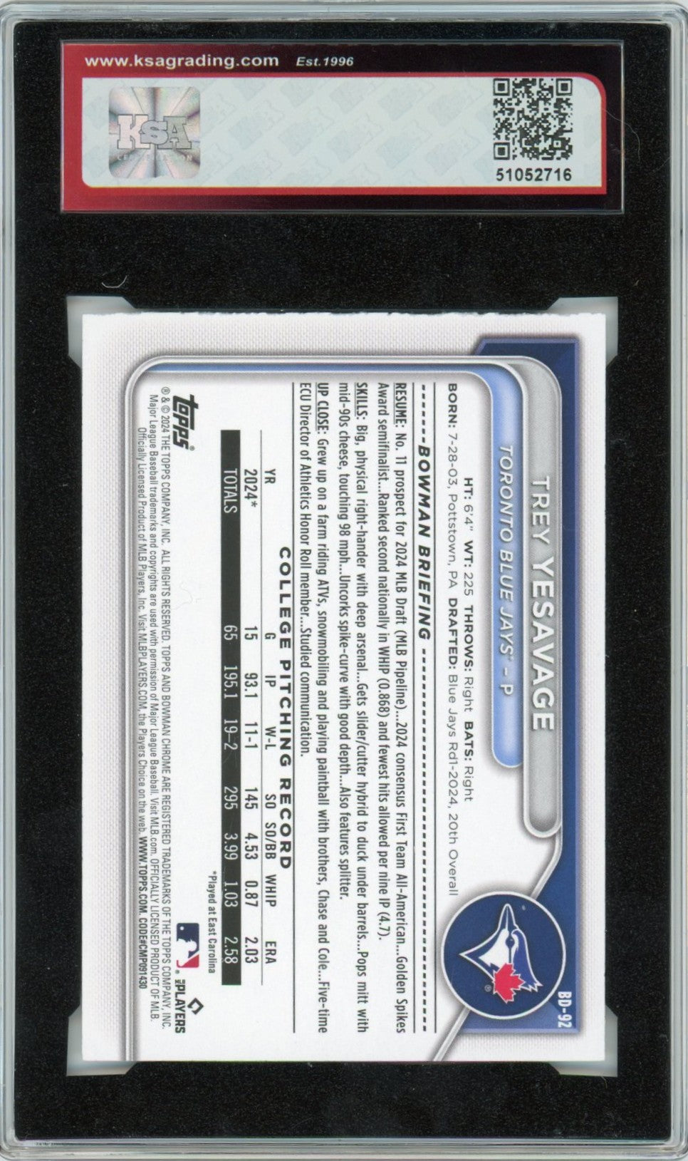 2024 1st Bowman Draft Trey Yesavage Graded Rookie Card #BD-92 KSA 8.5