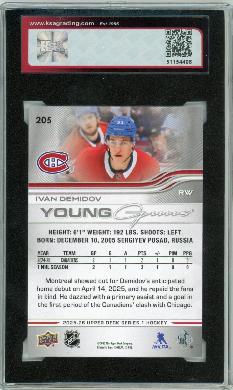 2025/26 Upper Deck Ivan Demidov Graded Young Guns Rookie Card #205 KSA 10
