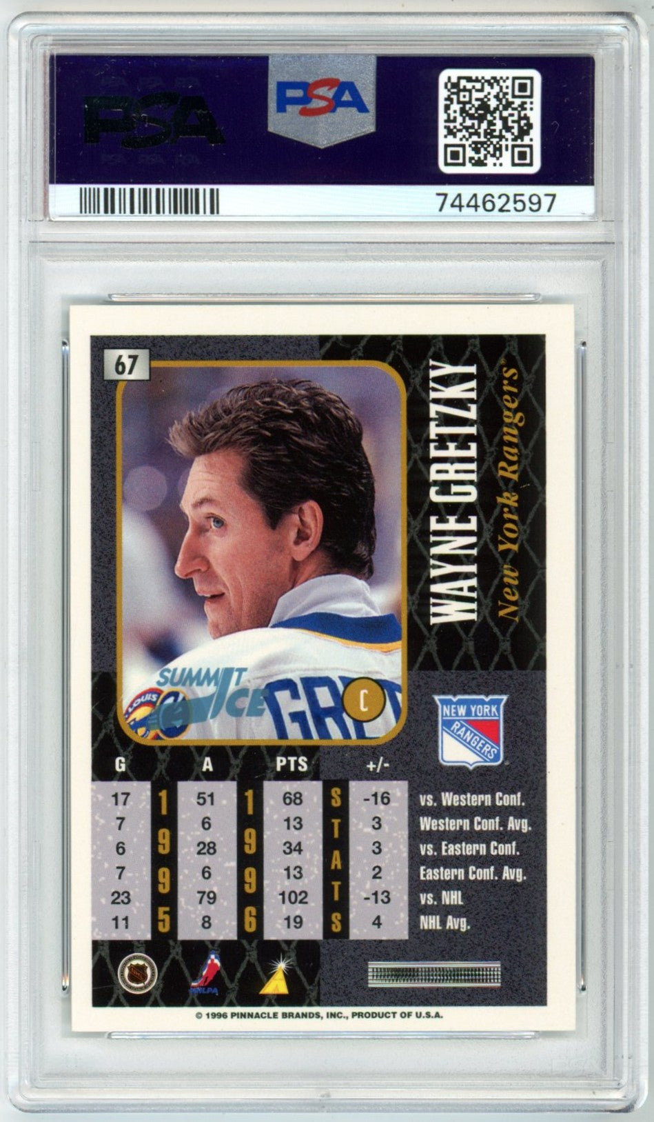 1996 Pinnacle Summit Wayne Gretzky Ice #67 Graded Hockey Card PSA 10