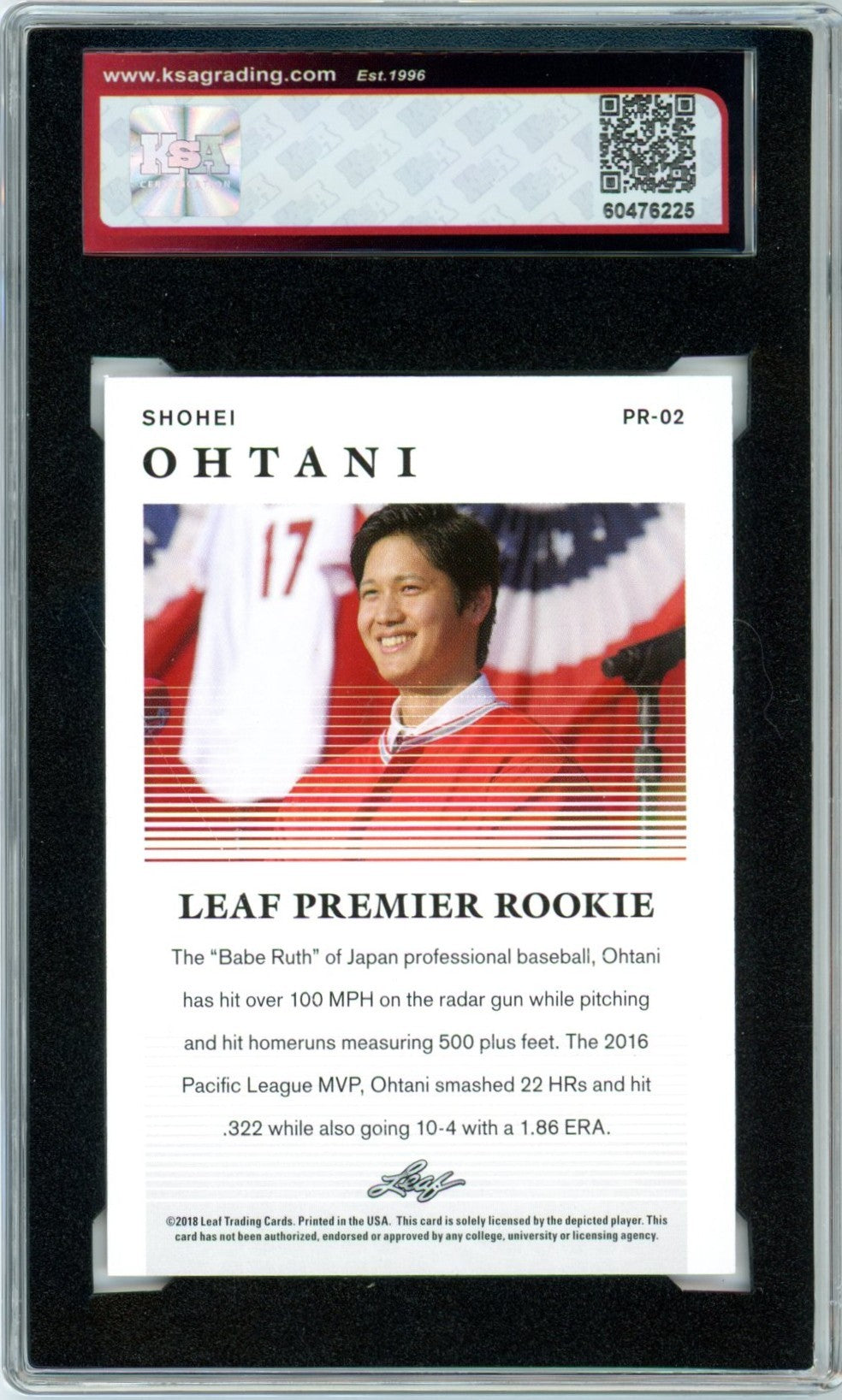 2018 Leaf Shohei Ohtani Premier Graded Rookie Card #PR-02 KSA 10