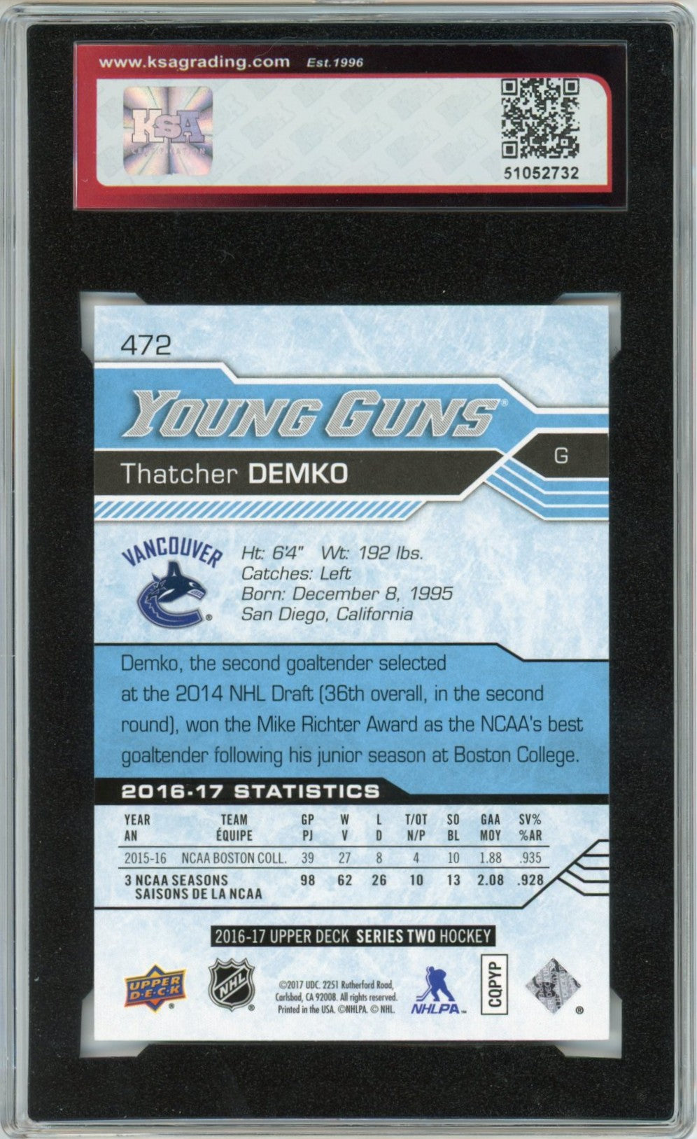 2016/17 Upper Deck Thatcher Demko Graded Young Guns Rookie Card #472 KSA 9.5