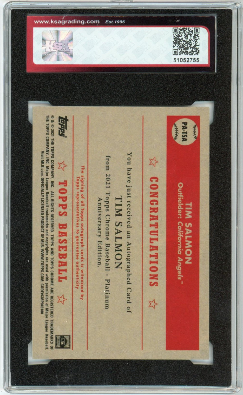 2021 Topps Chrome Platinum Anniversary Tim Salmon Graded Autograph Card KSA 9 AUTO 10
