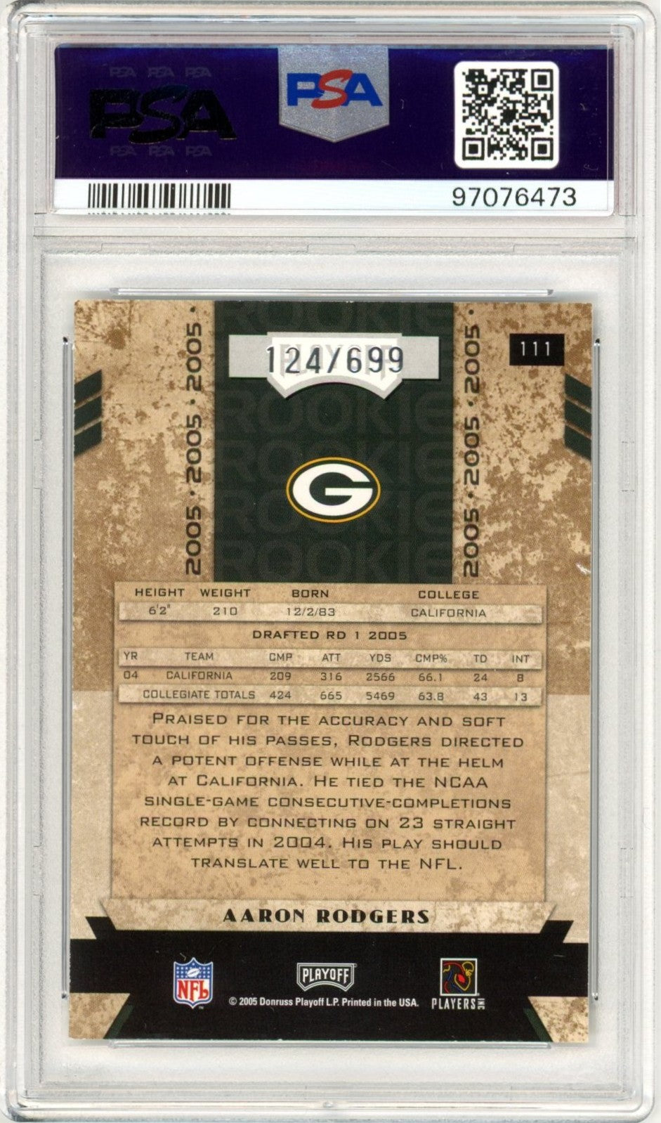 2005 Playoff Honors Aaron Rodgers #111 Graded Rookie Card PSA 7