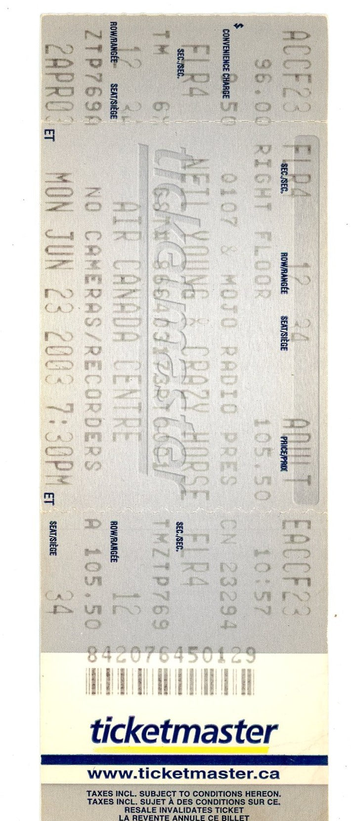 Neil Young and Crazy Horse Concert Ticket Stub Air Canada Centre (Toronto, 2003)