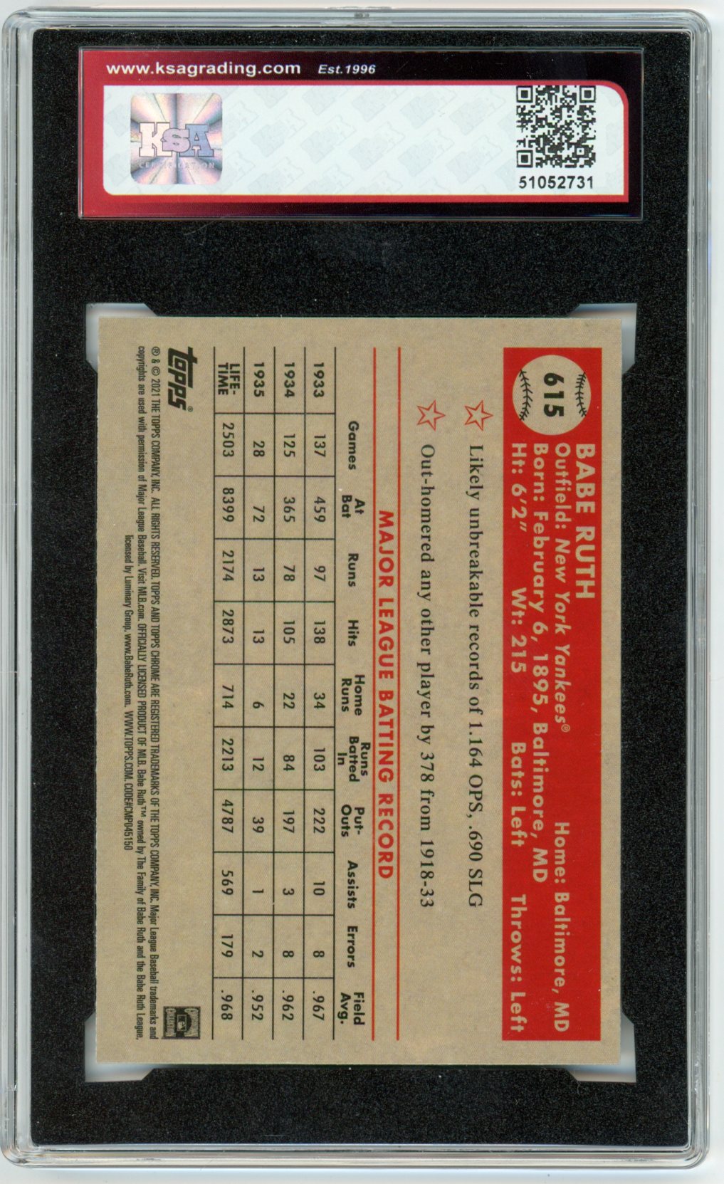 2021 Topps Chrome Platinum Anniversary Babe Ruth X-Fractor #615 Graded Card KSA 10