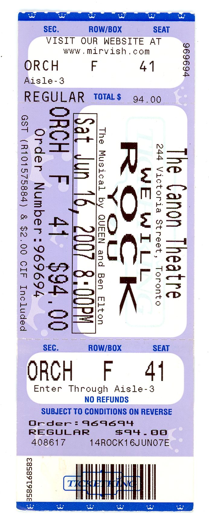 We Will Rock You Musical Ticket Stub The Canon Theatre (Toronto, 2007)