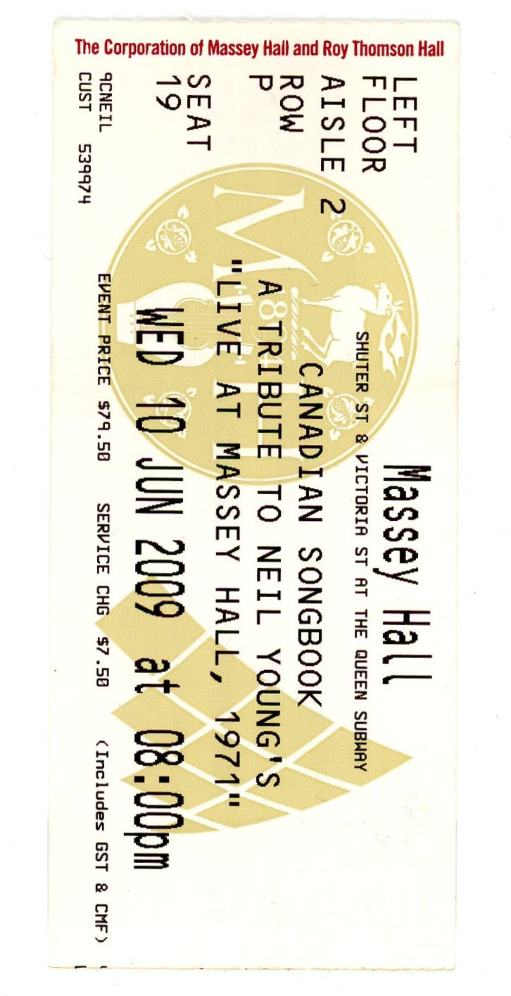Canadian Songbook Neil Young Tribute Concert Ticket Stub Massey Hall (Toronto, 2009)