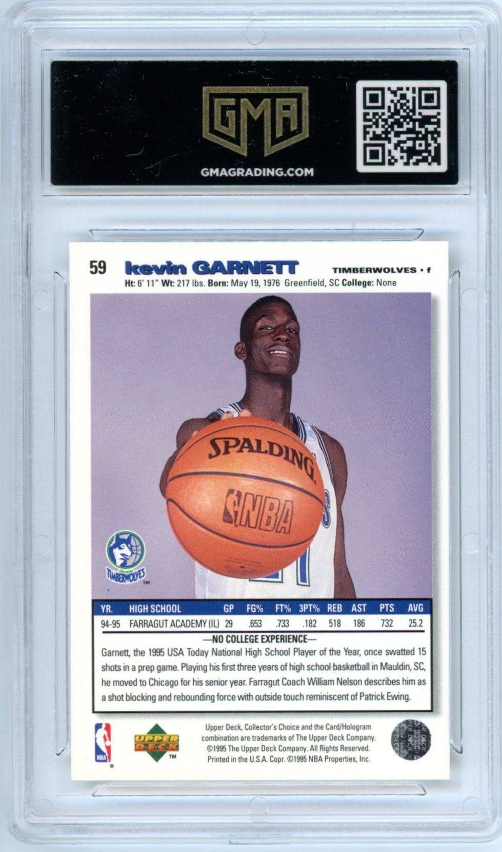 1995 UD Collector's Choice Kevin Garnett #59 Graded Rookie Card GMA 10