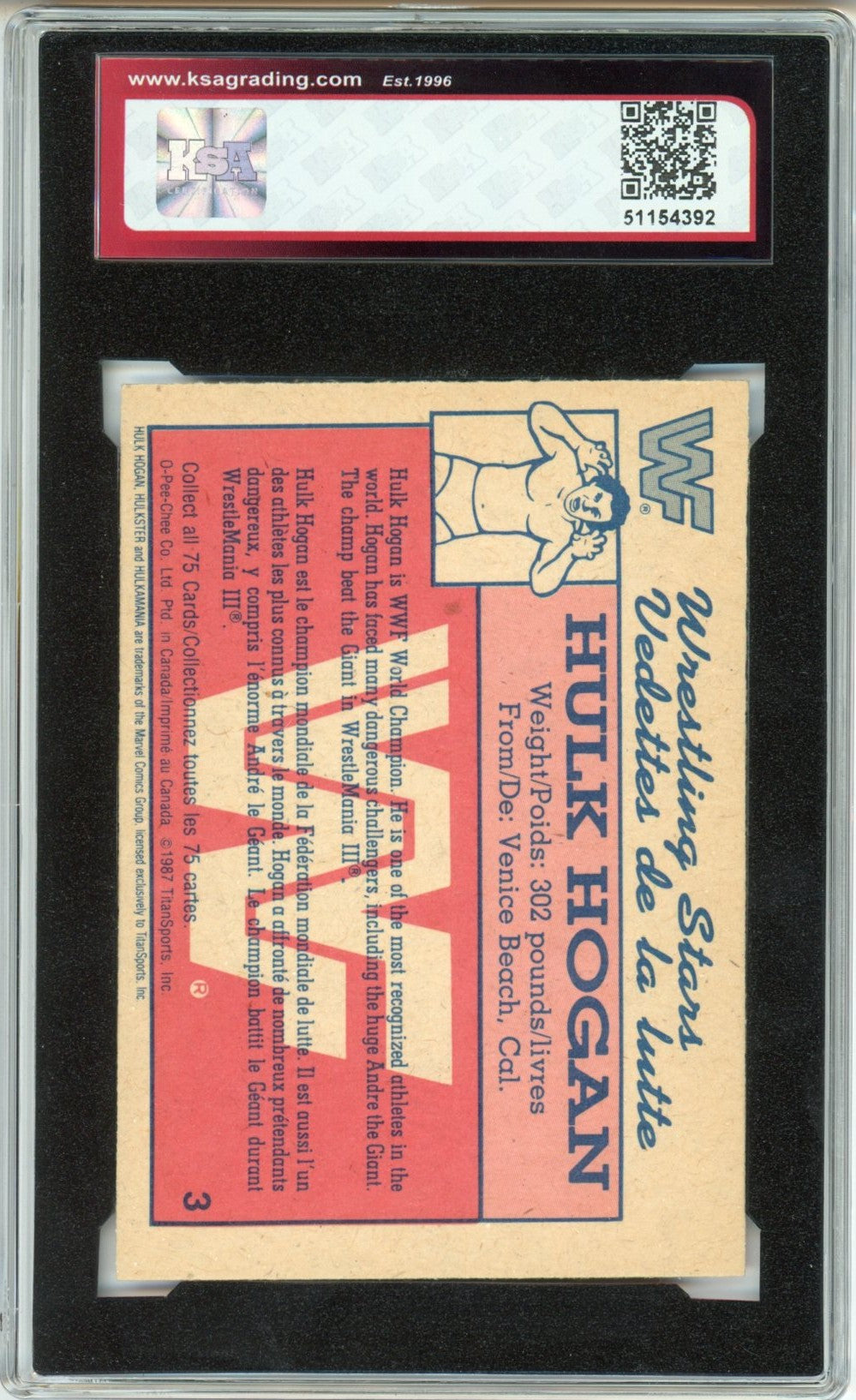 1987 OPC O-Pee-Chee Hulk Hogan Wrestling Stars Graded Card #3 KSA 8