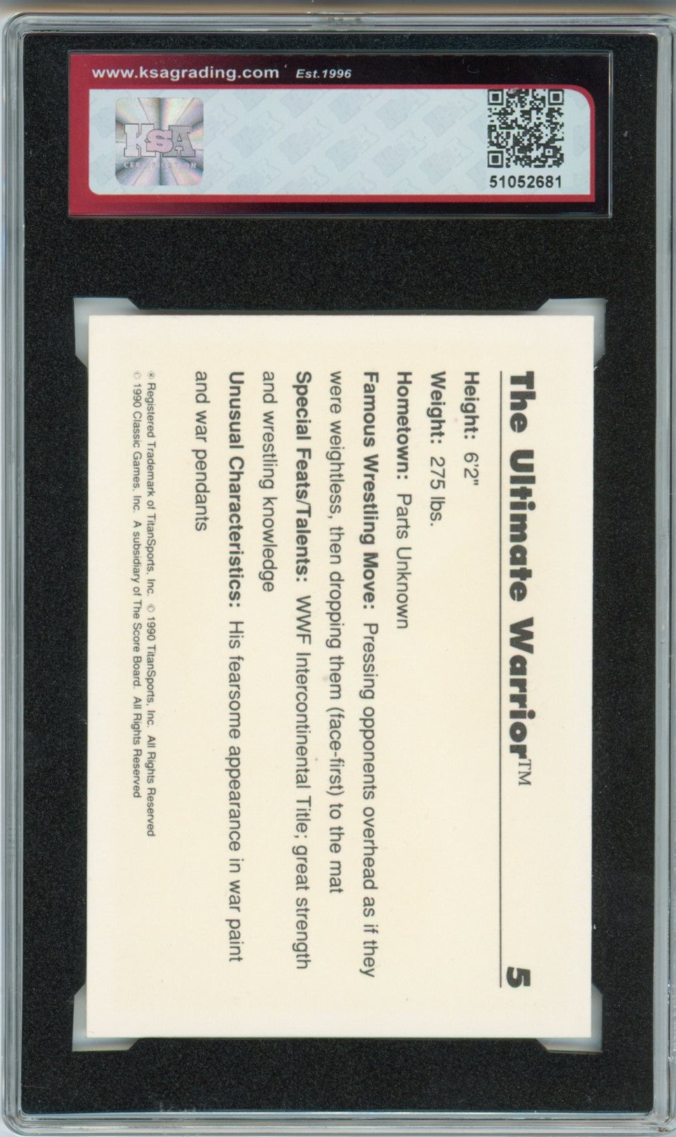 1990 Classic WWF The Ultimate Warrior Graded Card #5 KSA 10