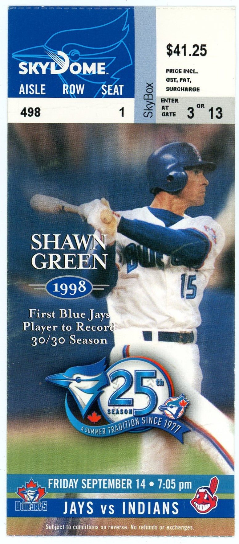 Toronto Blue Jays vs. Cleveland Indians Ticket Skydome (Toronto, 2001) Shawn Green