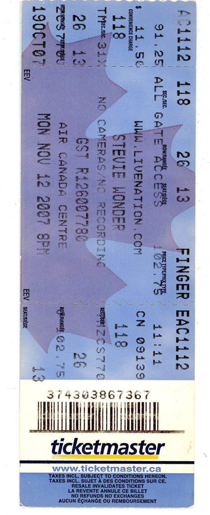 Stevie Wonder Concert Ticket Stub Air Canada Centre (Toronto, 2007)
