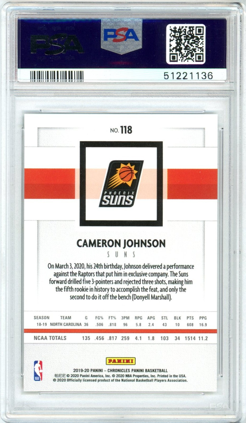 2019 Panini Chronicles Cameron Johnson #118 Graded Rookie Card PSA 10