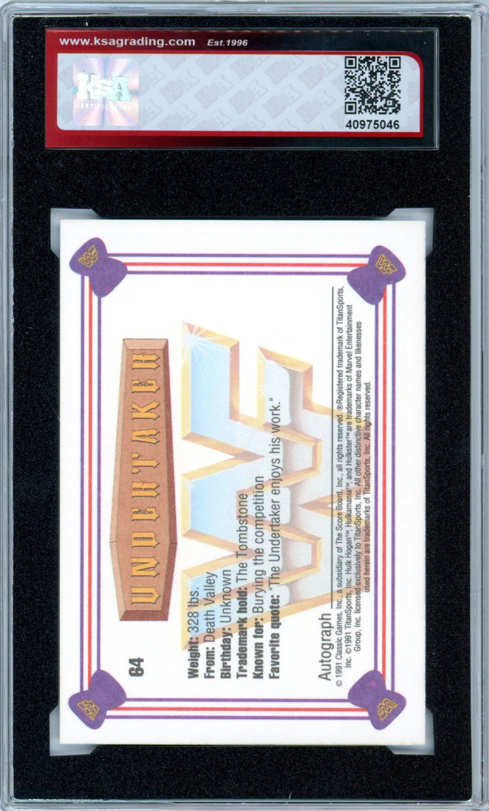 1991 Classic WWF Superstars Undertaker #64 Graded Rookie Card KSA 9