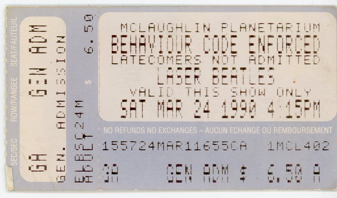 McLaughlin Planetarium Laser Beatles Vintage Concert Ticket Stub (Toronto, 1990) Rare