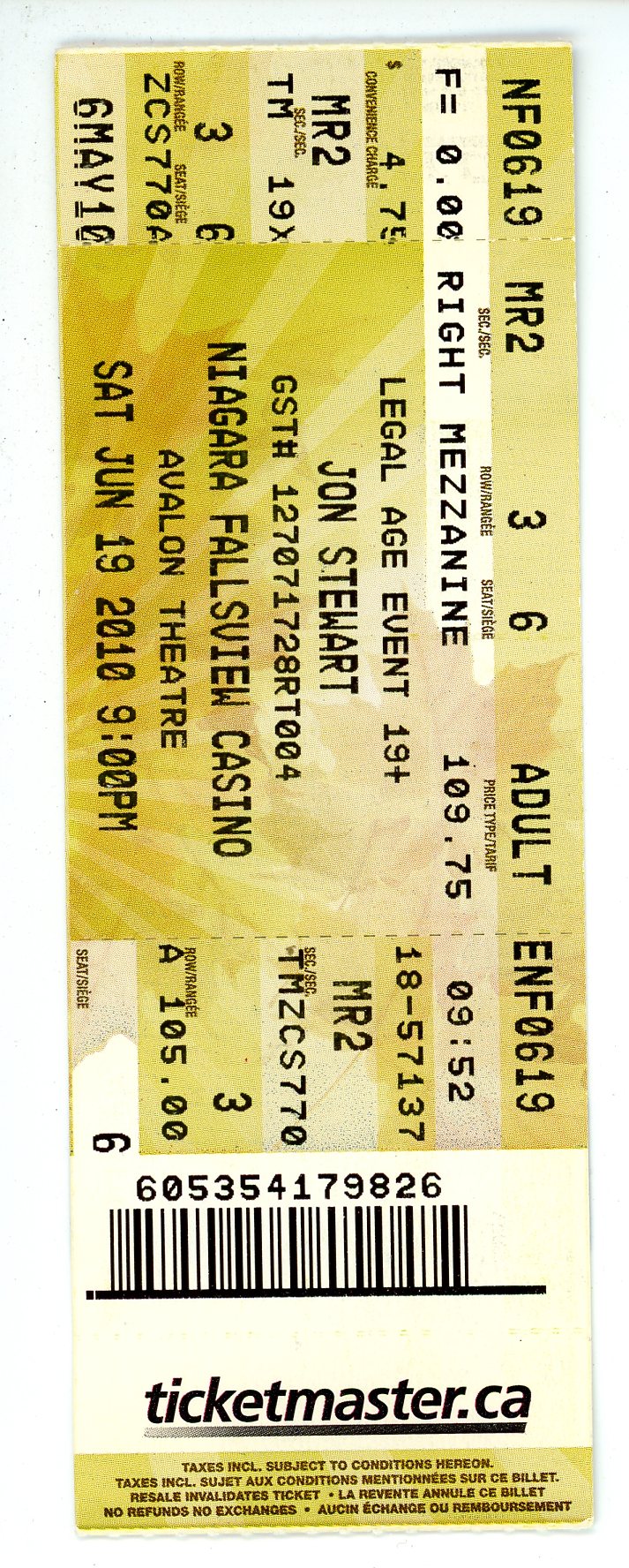 Jon Stewart Ticket Stub Fallsview Casino (Niagara Falls, 2010)