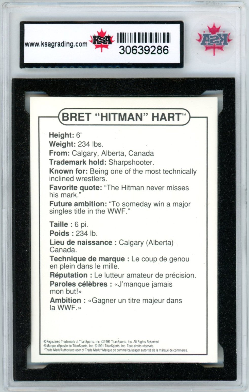 1991 Swanson WWF Bret "Hit Man" Hart Graded Wrestling Card KSA 8.5
