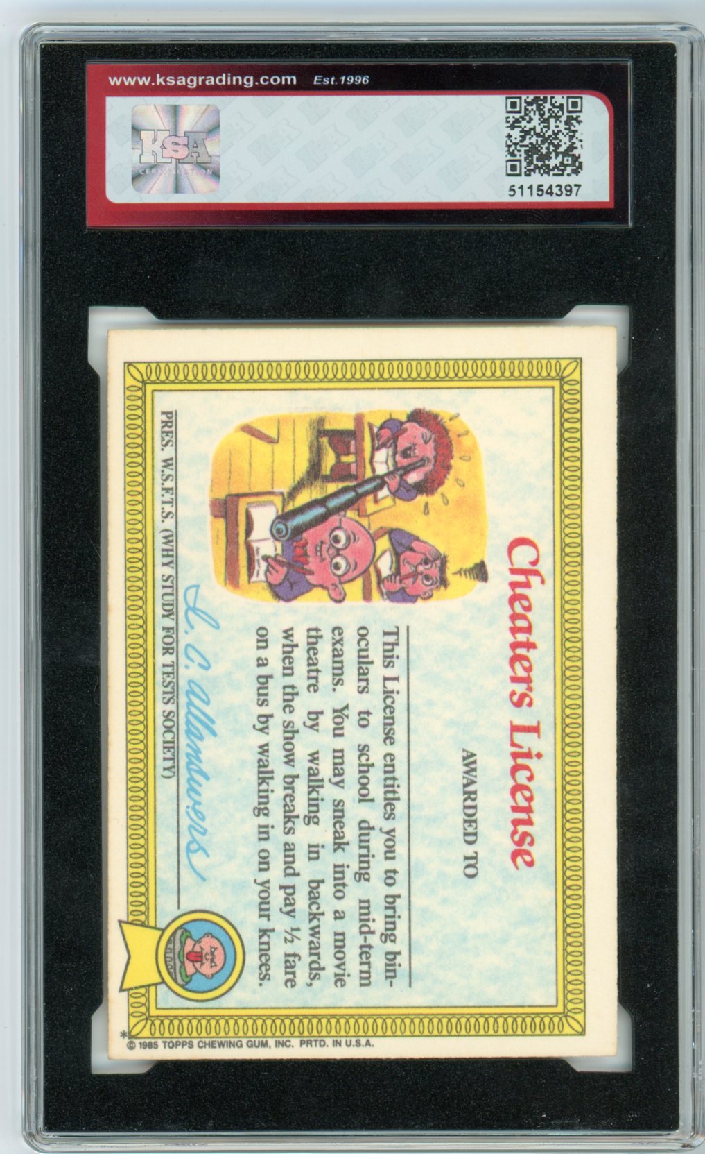 1985 Garbage Pail Kids Adam Bomb Graded Rookie Sticker Card #8a License Back KSA 6