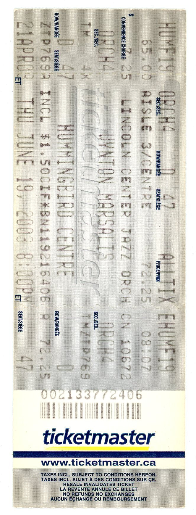 Wynton Marsalis Ticket Stub Hummingbird Centre (Toronto, 2003)
