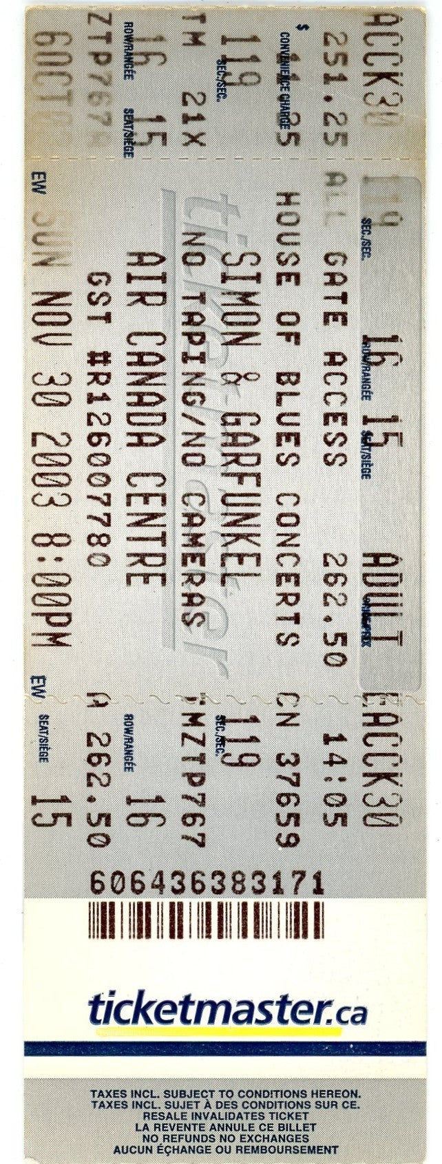 Simon & Garfunkel Vintage Ticket Stub Air Canada Centre (Toronto, 2003)