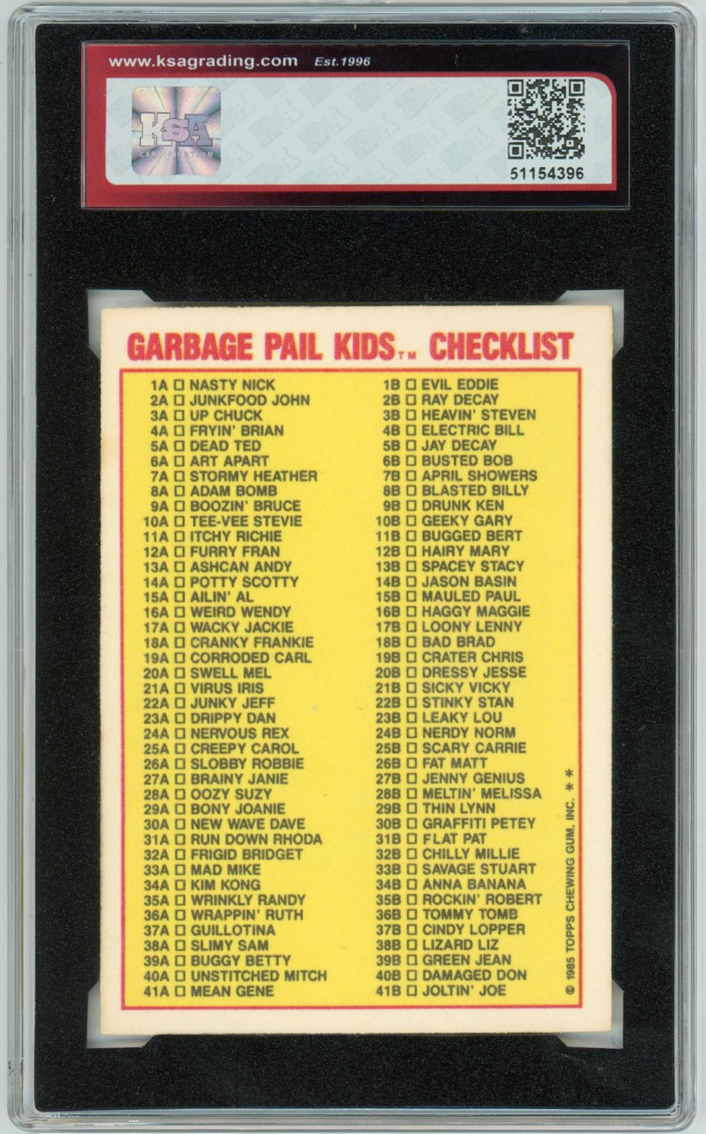 1985 Garbage Pail Kids Adam Bomb Graded Sticker Card #8a Checklist KSA 5