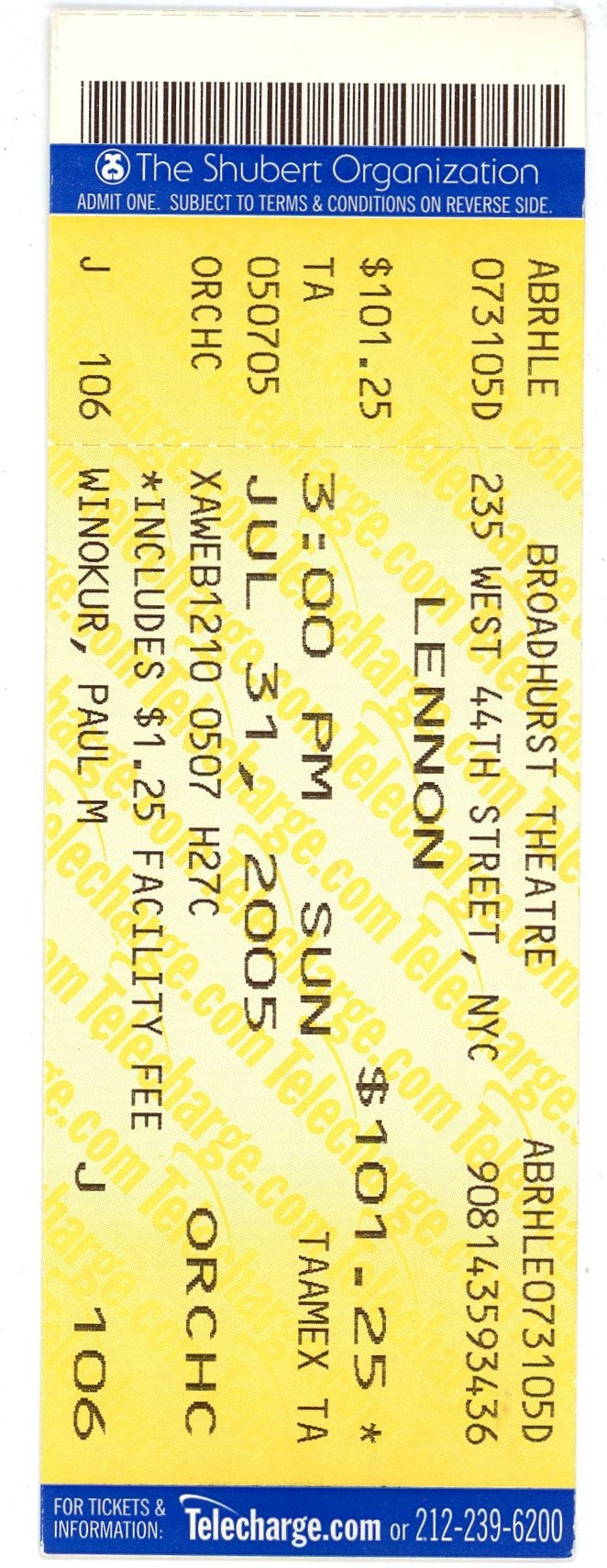 Lennon Musical Ticket Stub Broadhurst Theatre (NYC, 2005)
