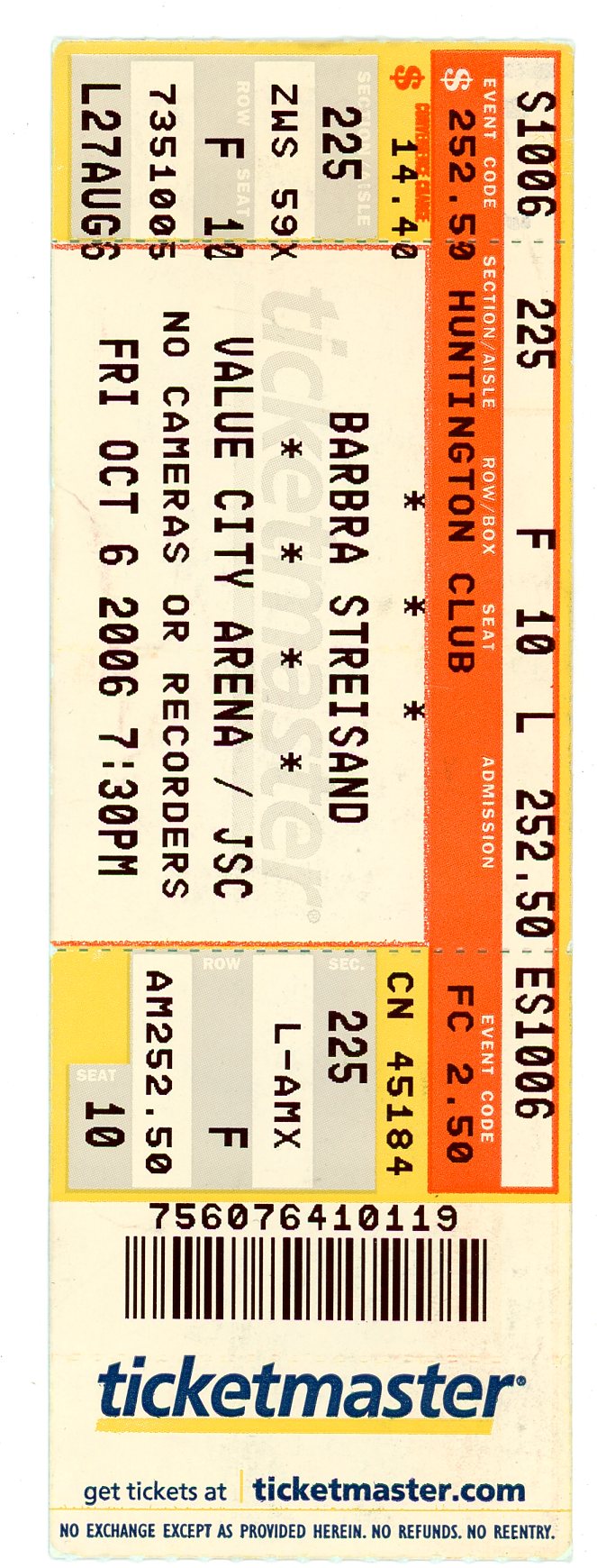 Barbra Streisand Vintage Concert Ticket Stub Value City Arena (Columbus, 2006)