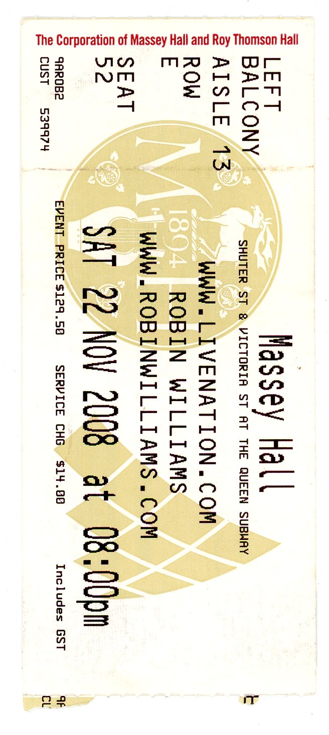 Robin Williams Vintage Ticket Stub Massey Hall (Toronto, 2008)