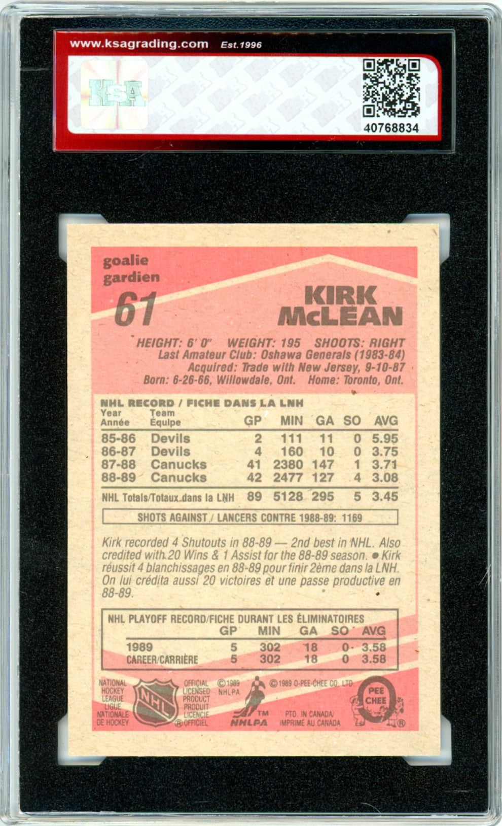 1989/90 OPC O-Pee-Chee Kirk McLean #61 Graded Rookie Card KSA 10