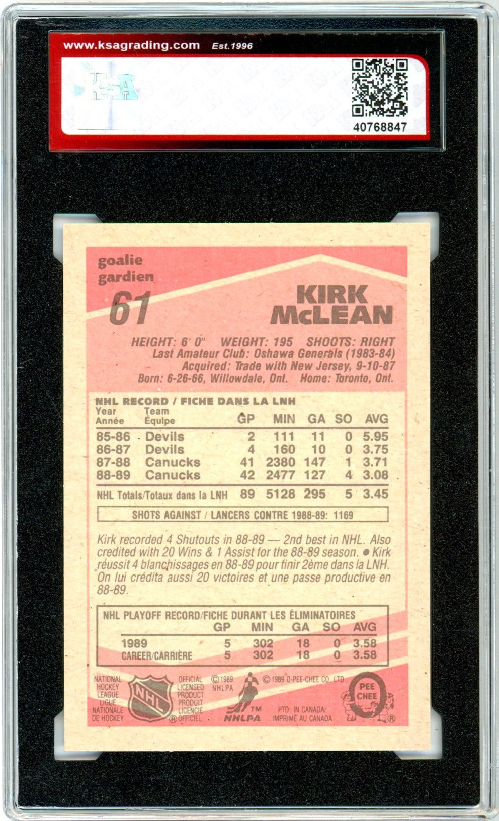 1989/90 OPC O-Pee-Chee Kirk McLean Graded Rookie Card #61 KSA 10