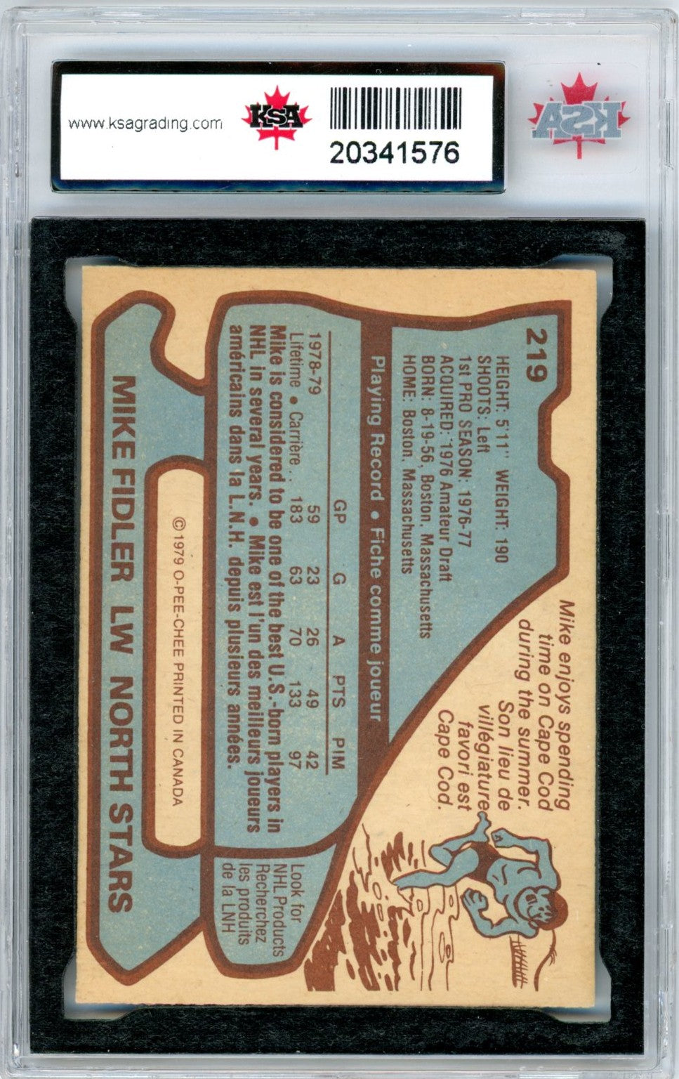 1979/80 OPC O-Pee-Chee Mike Fidler #219 Graded Hockey Card KSA 9