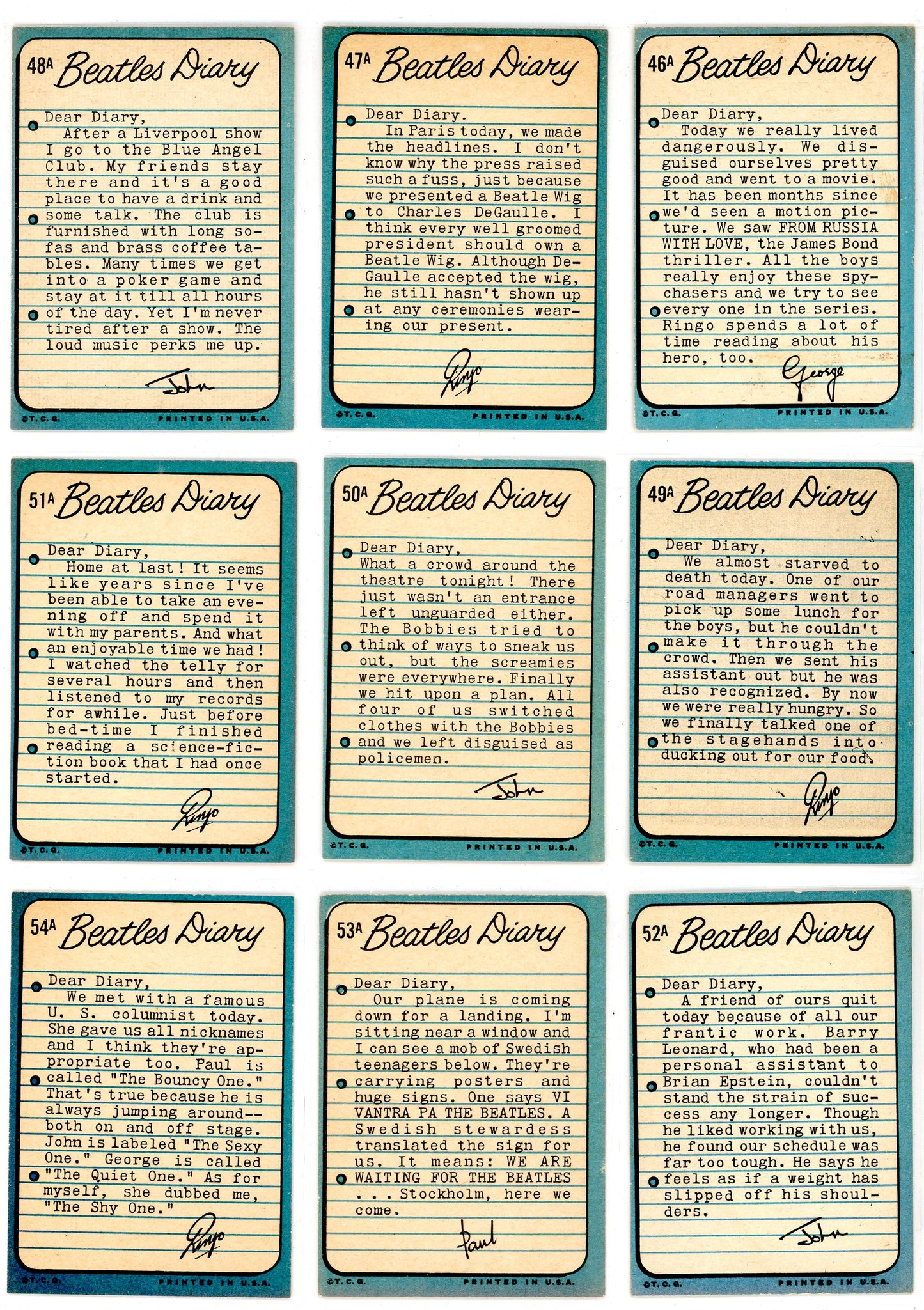 1964 Topps The Beatles Diary Trading Card Complete Set (60 Cards)