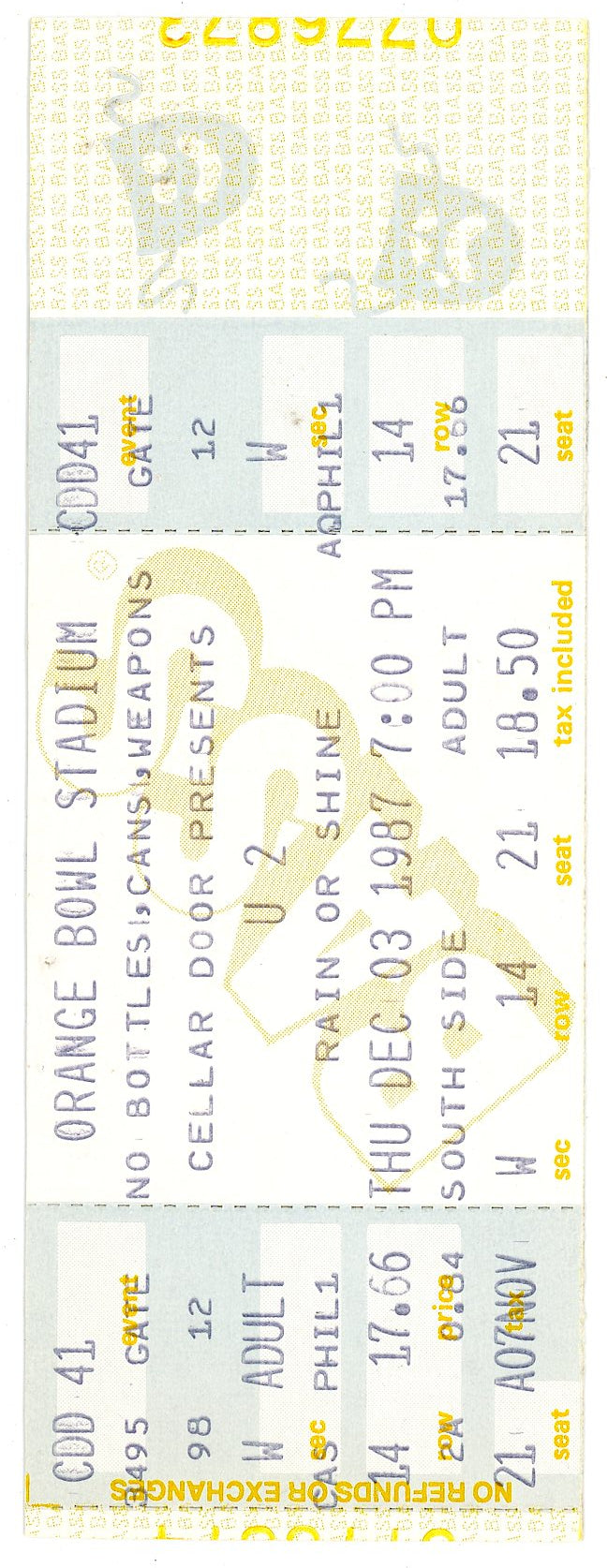 U2 Vintage Concert Ticket Orange Bowl Stadium (Miami, 1987) Unused