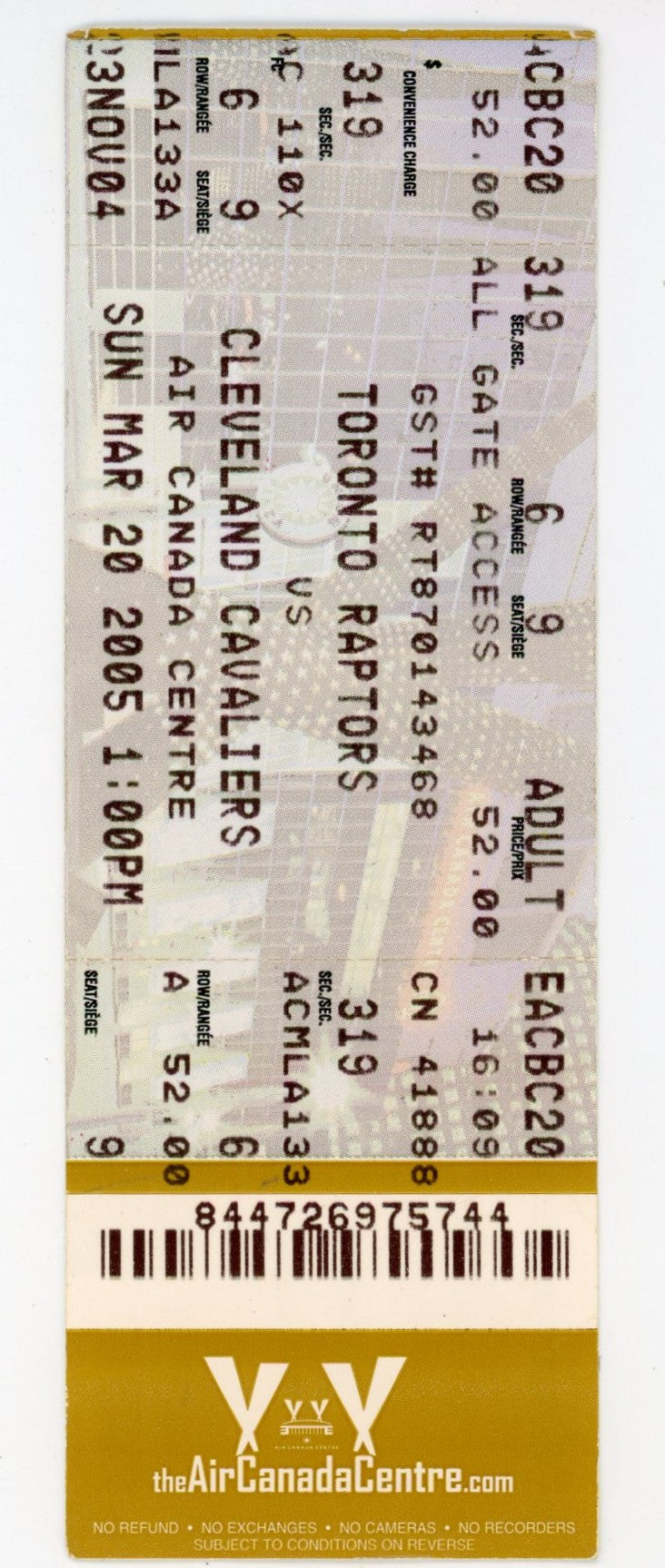 Toronto Raptors vs. Cleveland Cavaliers Ticket Stub Air Canada Centre (Toronto, 2005)