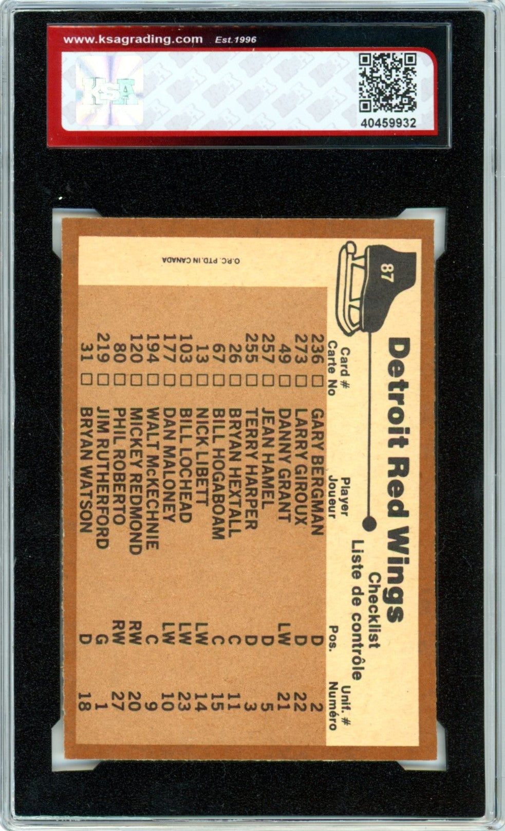 1975/76 OPC O-Pee-Chee Detroit Red Wings Team Checklist #87 Graded Hockey Card KSA 8