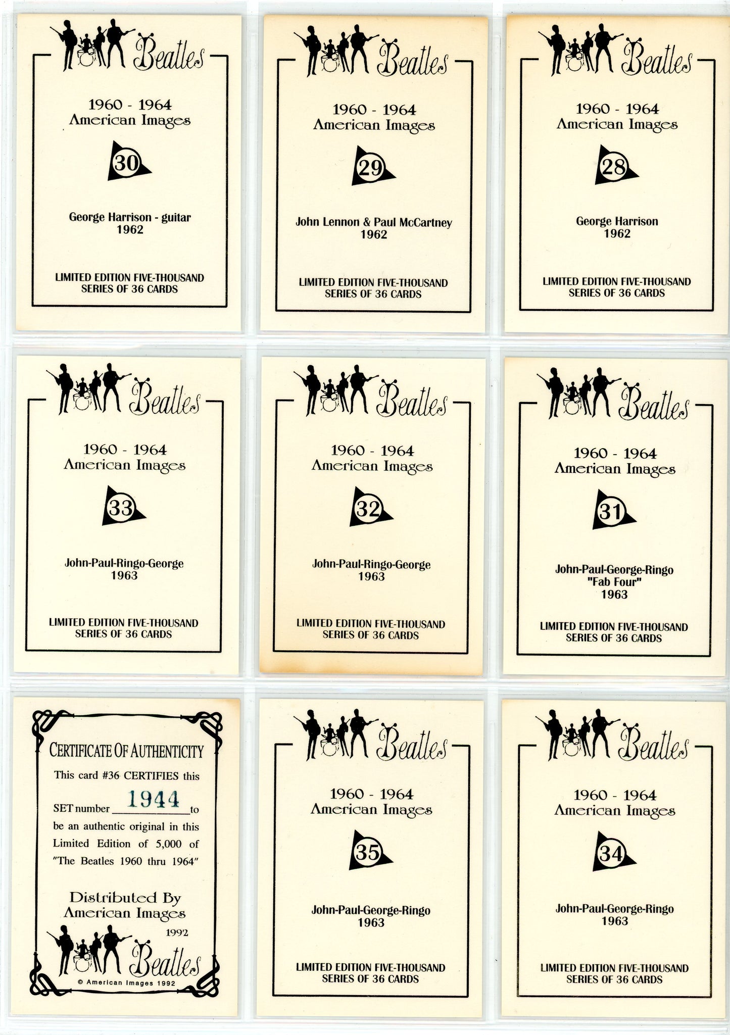 1992 American Images The Beatles: 1960-1964 Trading Card Complete Set (36 Cards)