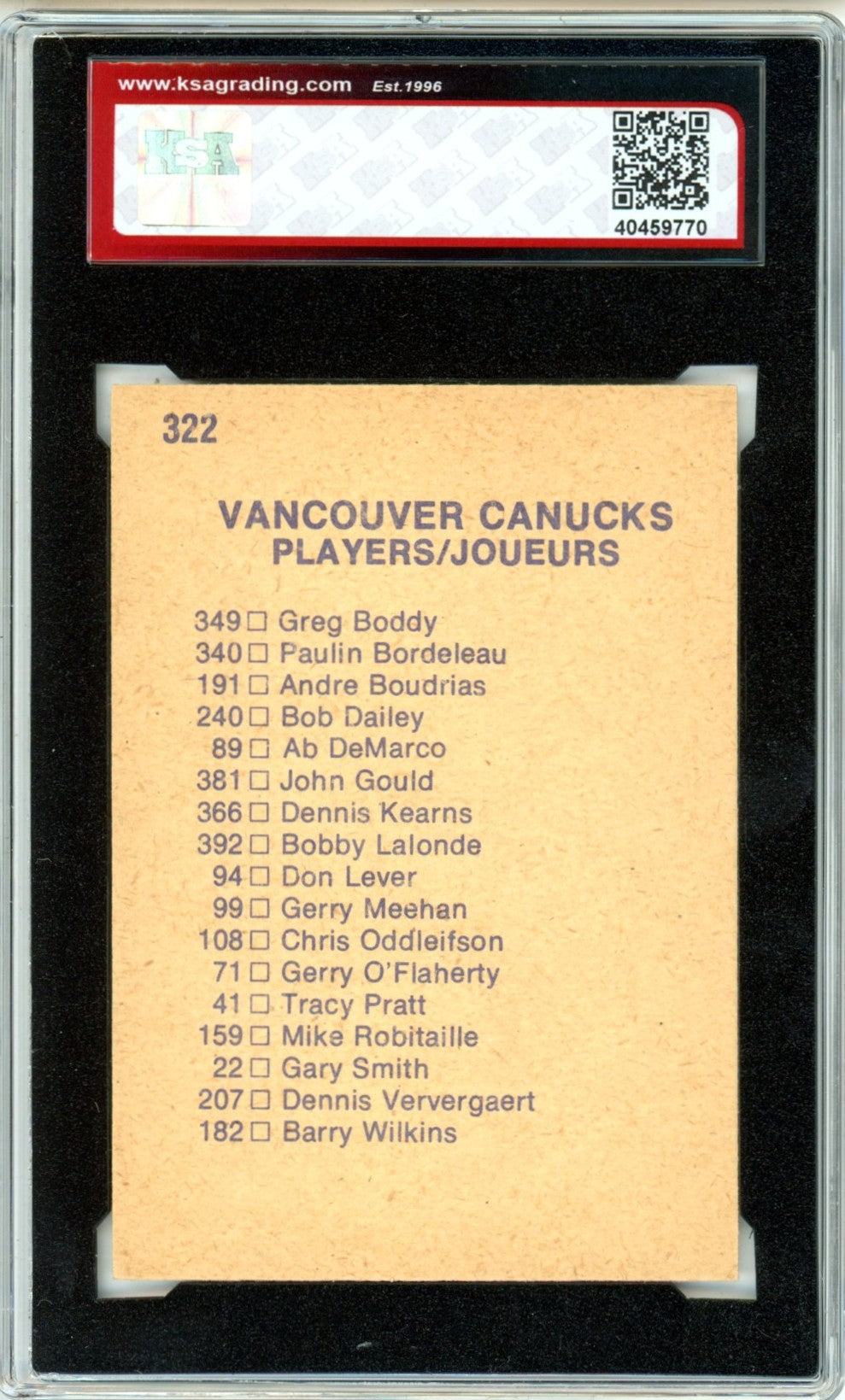 1974/75 OPC O-Pee-Chee Vancouver Canucks Team Checklist #322 Graded Hockey Card KSA 7