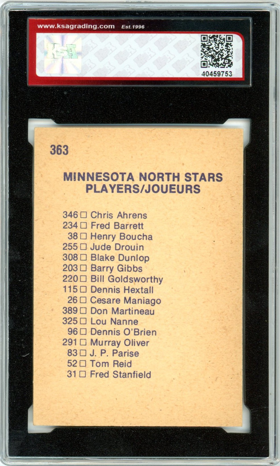 1974/75 OPC O-Pee-Chee Minnesota North Stars Team Checklist #363 Graded Hockey Card KSA 6