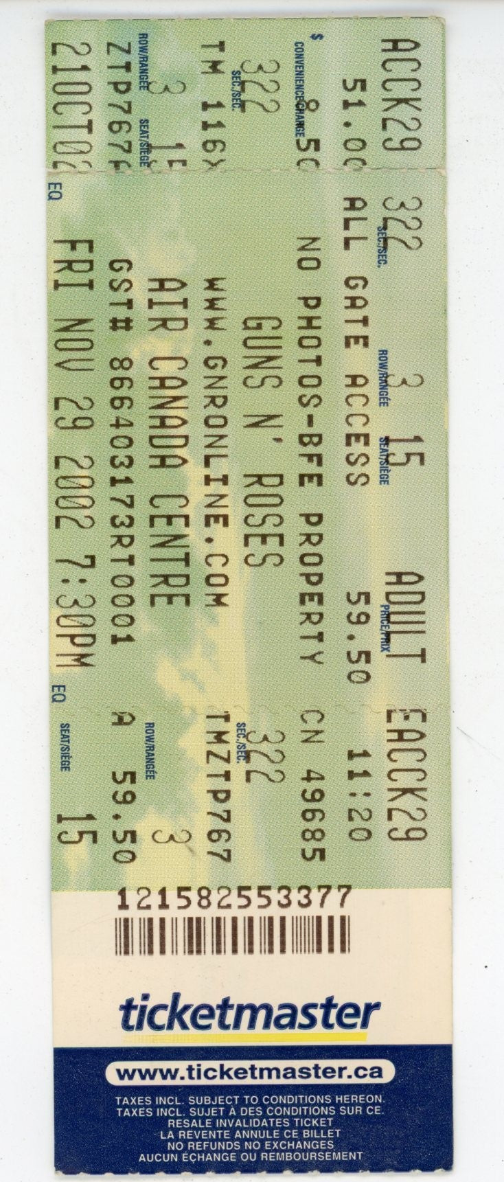 Guns N' Roses Vintage Concert Ticket Stub Air Canada Centre (Toronto, 2002)
