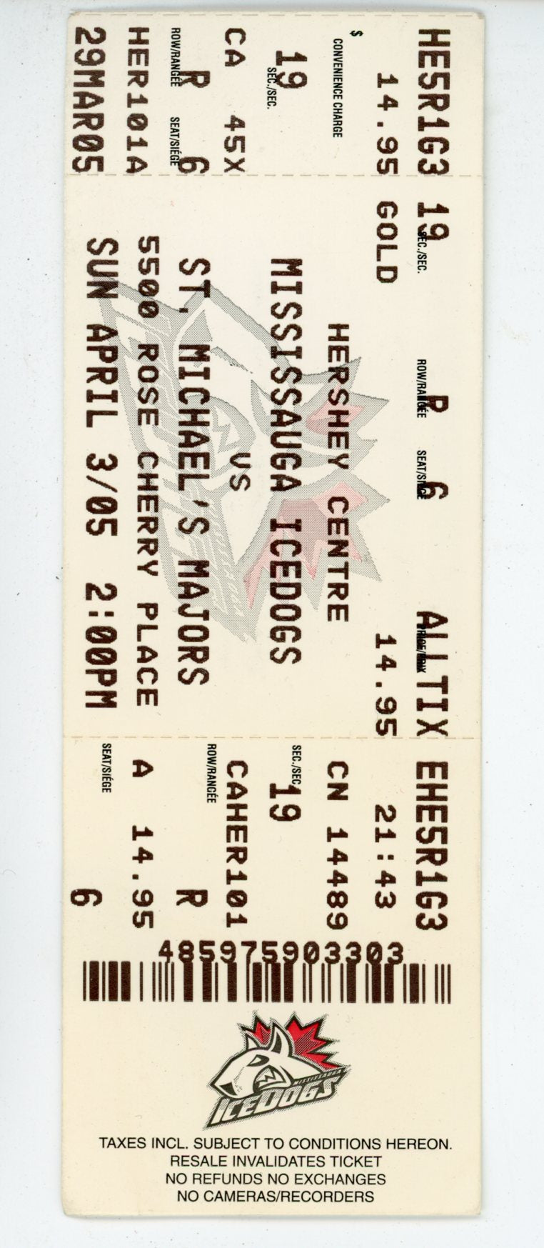 Mississauga Icedogs vs. St. Michael's Majors Hockey Ticket Stub Hershey Centre (Mississauga, 2005)