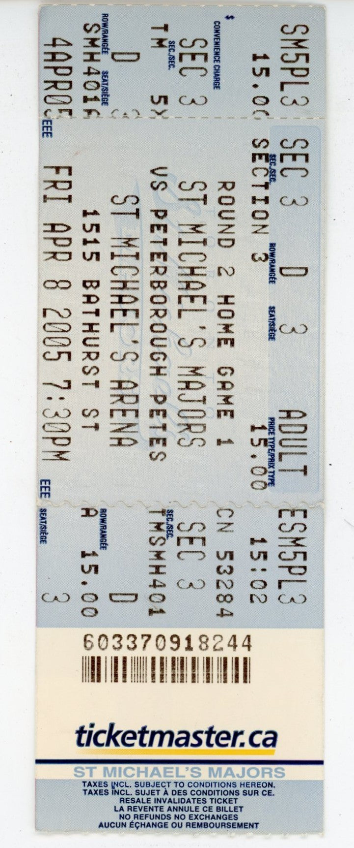 St. Michael's Majors vs. Peterborough Petes Hockey Ticket Stub St. Michael's Arena (Toronto, 2005)