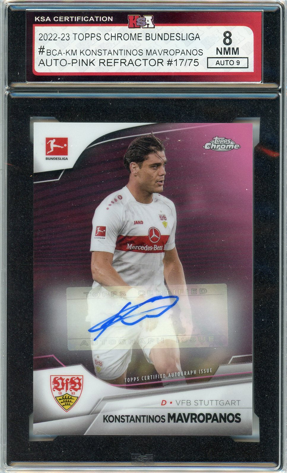 2022/23 Topps Chrome Bundesliga Konstantinos Mavropanos Pink Refractor Graded Autograph Card KSA 8 AUTO 9