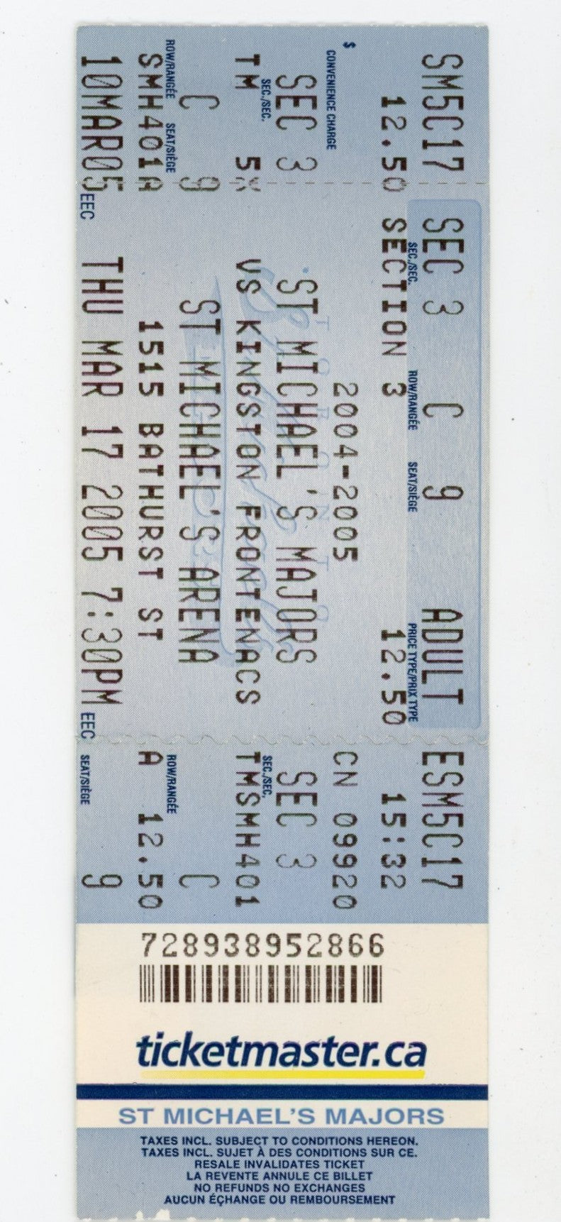 St. Michael's Majors vs. Kingston Frontenacs Hockey Ticket Stub St. Michael's Arena (Toronto, 2005)