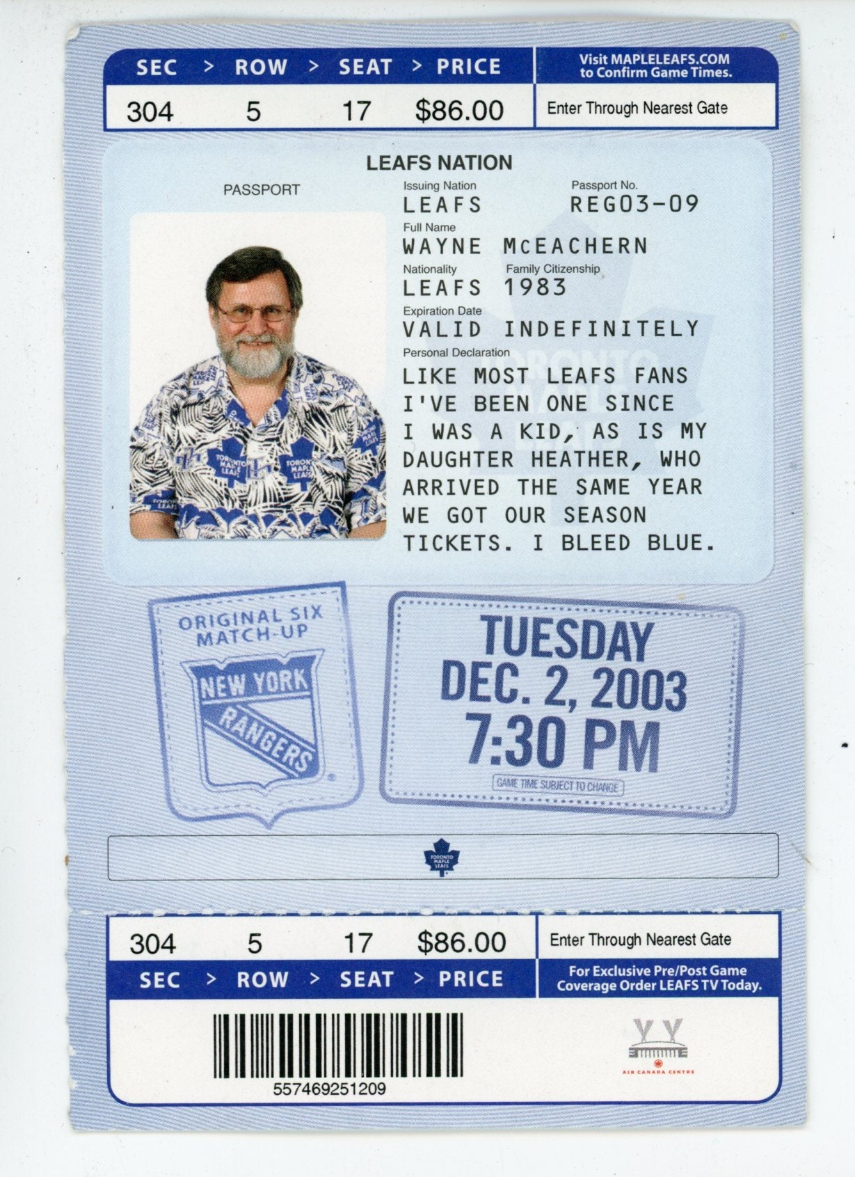 Toronto Maple Leafs vs. New York Rangers Leafs Nation Ticket Stub Air Canada Centre (Toronto, 2003)