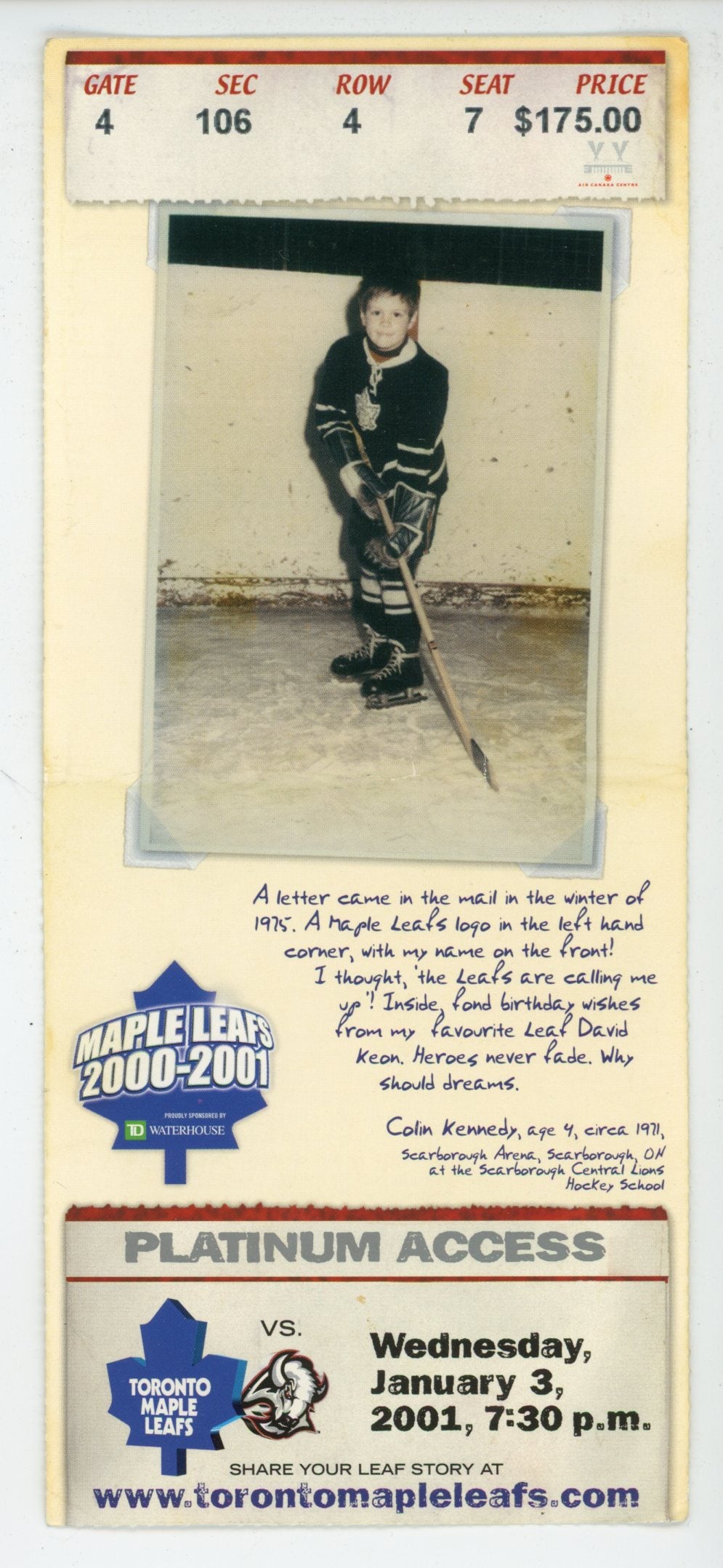 Toronto Maple Leafs vs. Buffalo Sabres Platinum Access Ticket Stub Air Canada Centre (Toronto, 2001)
