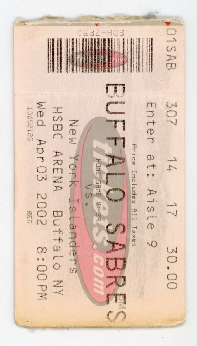 Buffalo Sabres vs. New York Islanders Ticket Stub HSBC Arena (Buffalo, 2002)