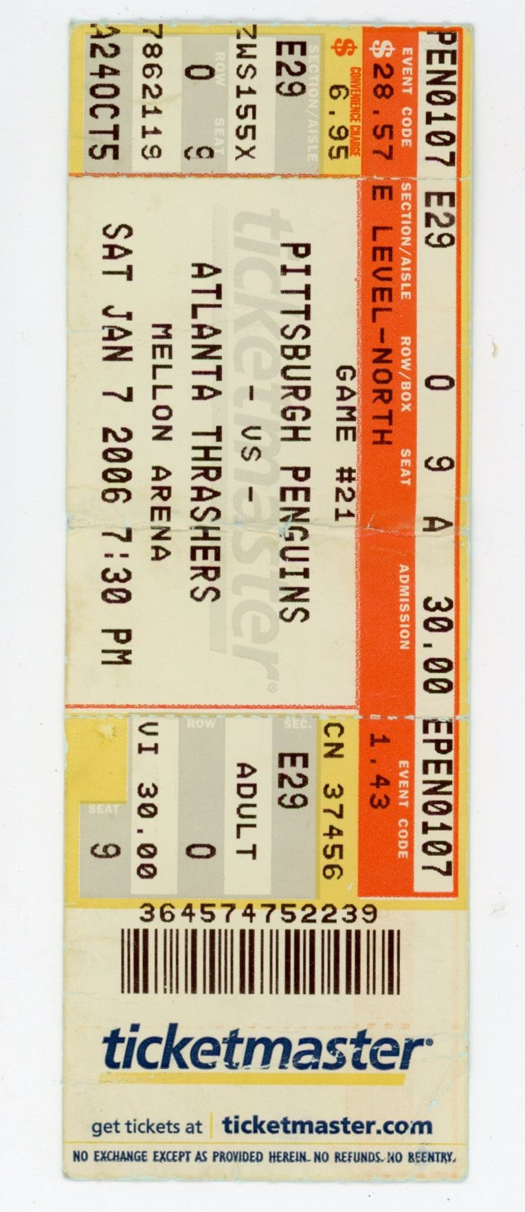 Penguins vs. Atlanta Thrashers Ticket Stub Mellon Arena (Pittsburgh, 2006) Crosby Rookie