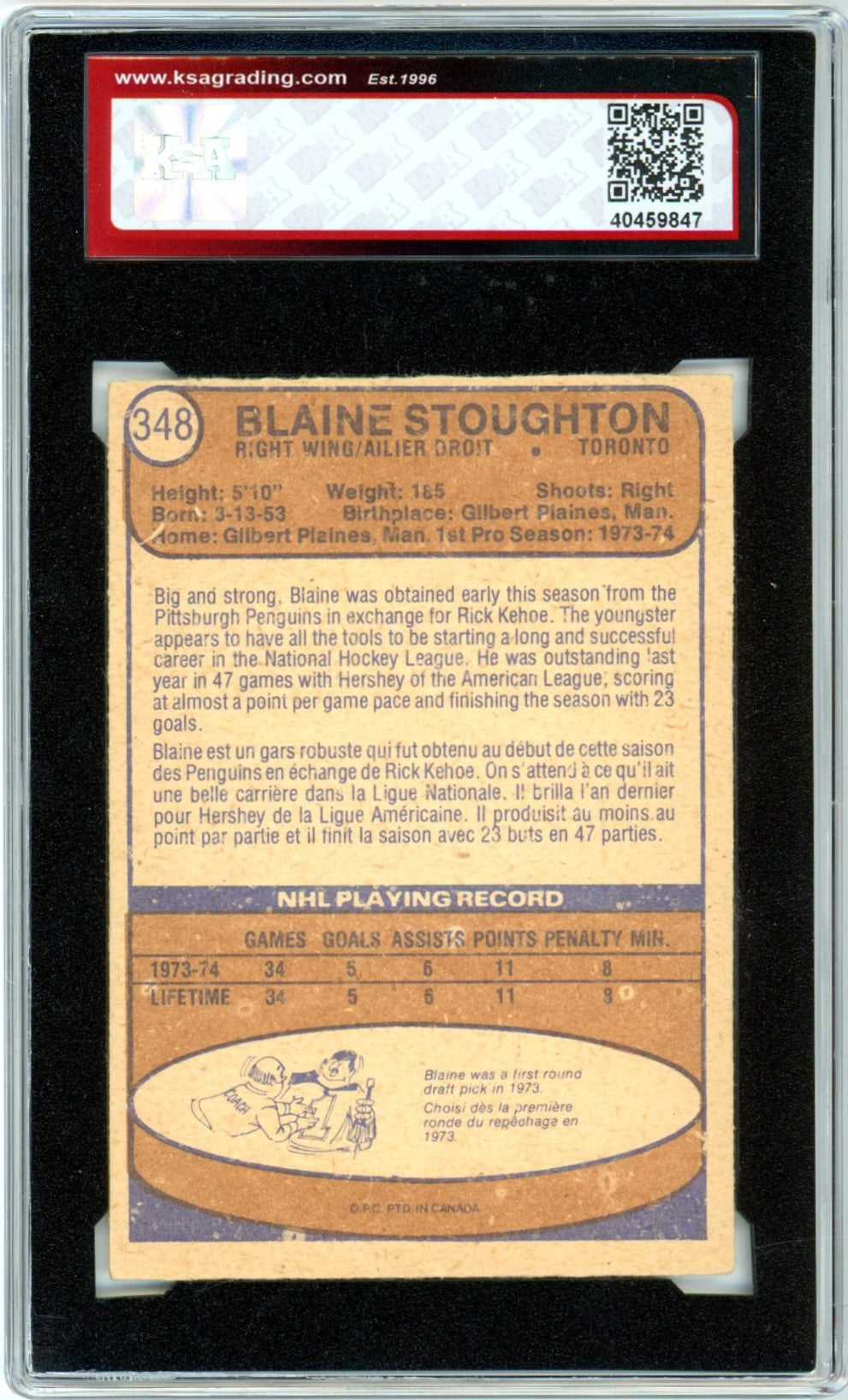 1974/75 OPC O-Pee-Chee Blaine Stoughton #348 Graded Rookie Card KSA 6.5